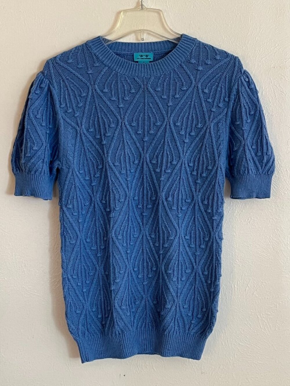 Two Bees Cashmere Women's Blue Puff Sleeve Knit Sweater Size S Coastal Nautical